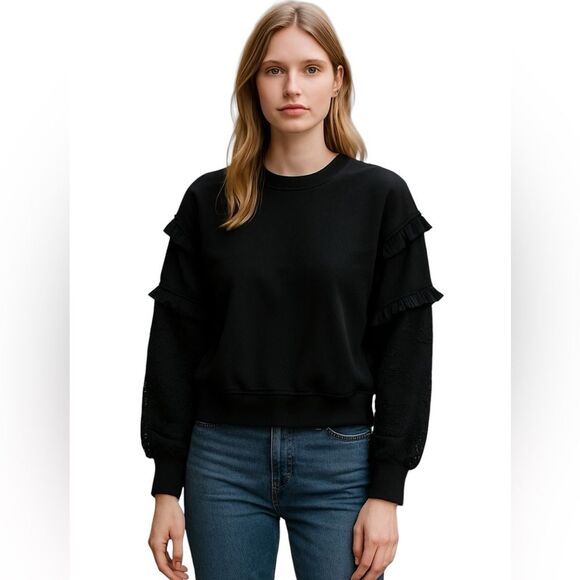 Revolve Heartloom Sweatshirt Womens Small Black Sheer Floral Ruffle Sleeve NWT - Picture 1 of 9